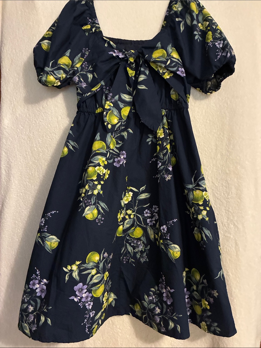 Time and Tru Navy Lemon Floral Puff-Sleeve Dress - Picture 2 of 6